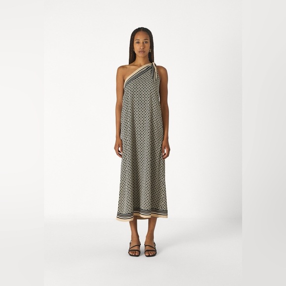 Abercrombie & Fitch One Shoulder Scarf Bow Midi Dress Black White Size Large EUC - Picture 2 of 14